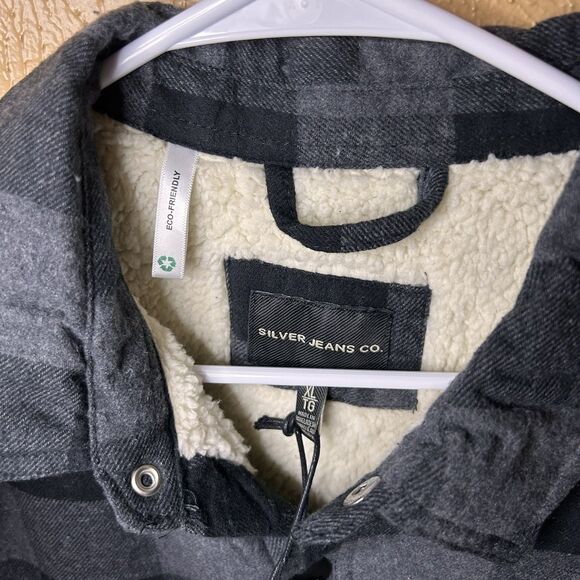Silver Jeans Co Men’s XL Sherpa Lined Flannel Jacket Black Gray Plaid Snap Front - Picture 3 of 8